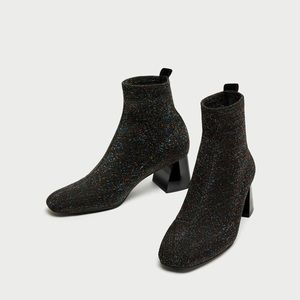 Zara Black Multicolor Sock Ankle Boots Heels Shoes